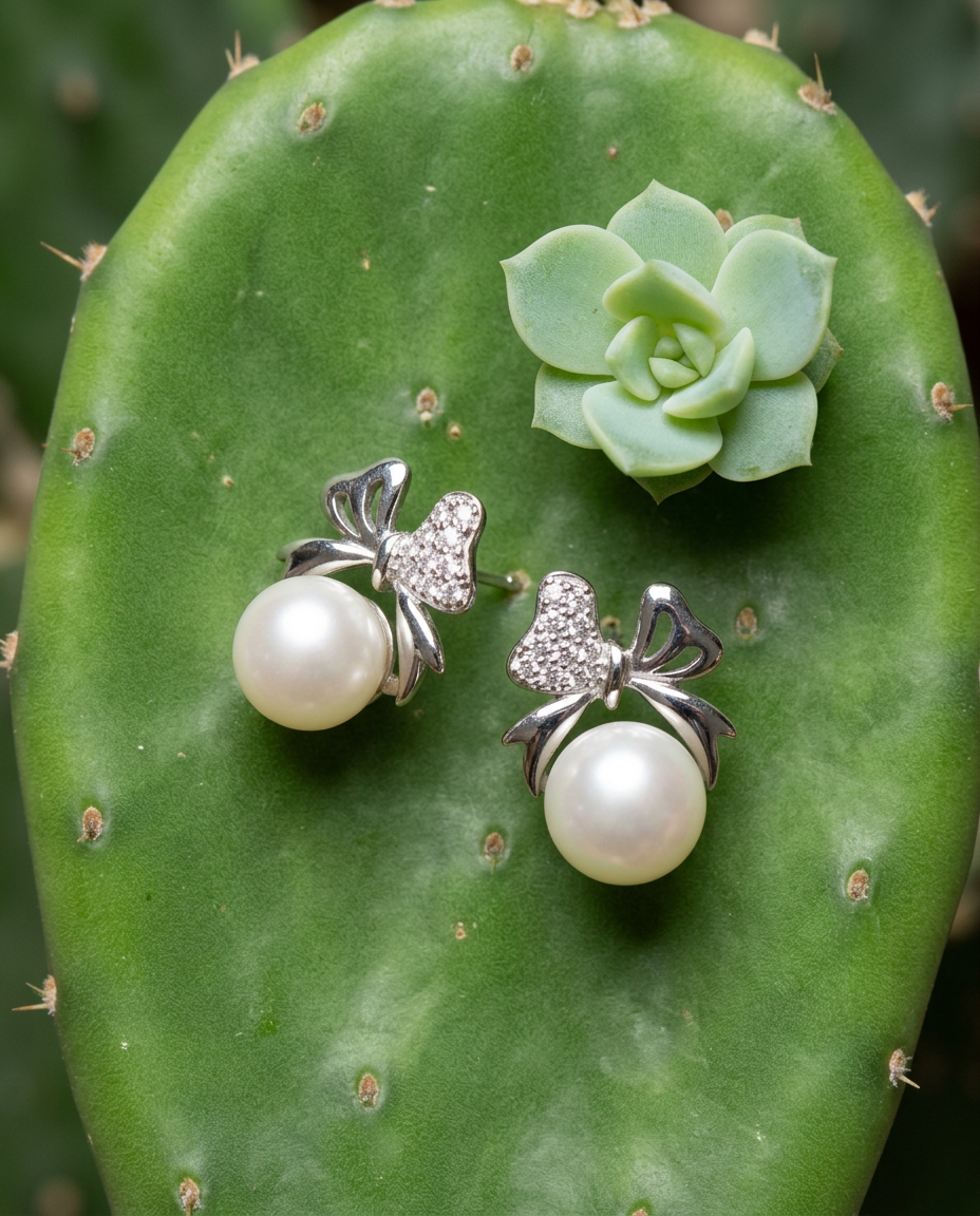 Sparkling Bow Freshwater Pearl Stud Earrings