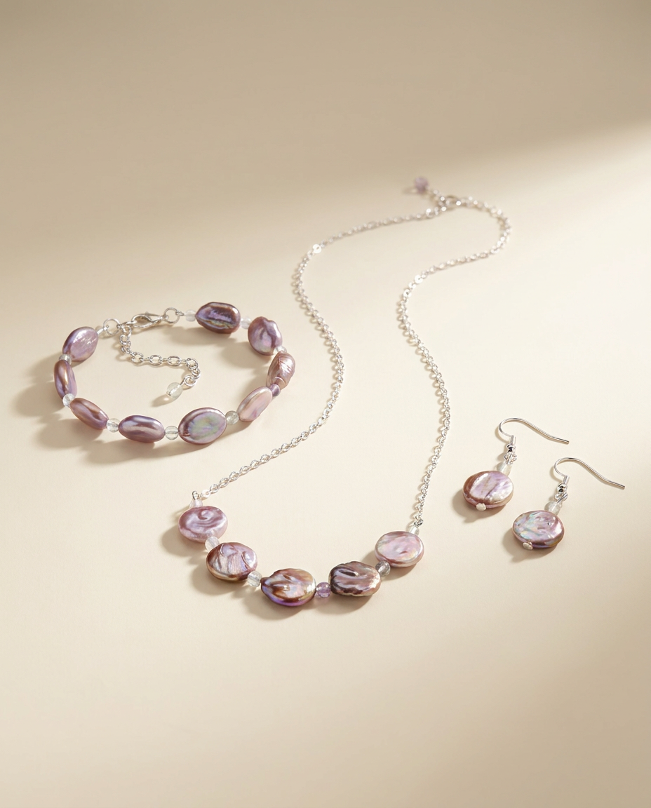 Shimmering Lavender Coin Pearl Necklace Set