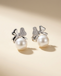 Sparkling Bow Freshwater Pearl Stud Earrings