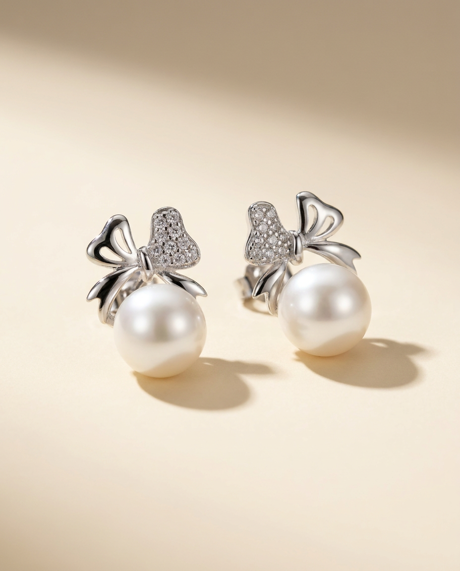 Sparkling Bow Freshwater Pearl Stud Earrings