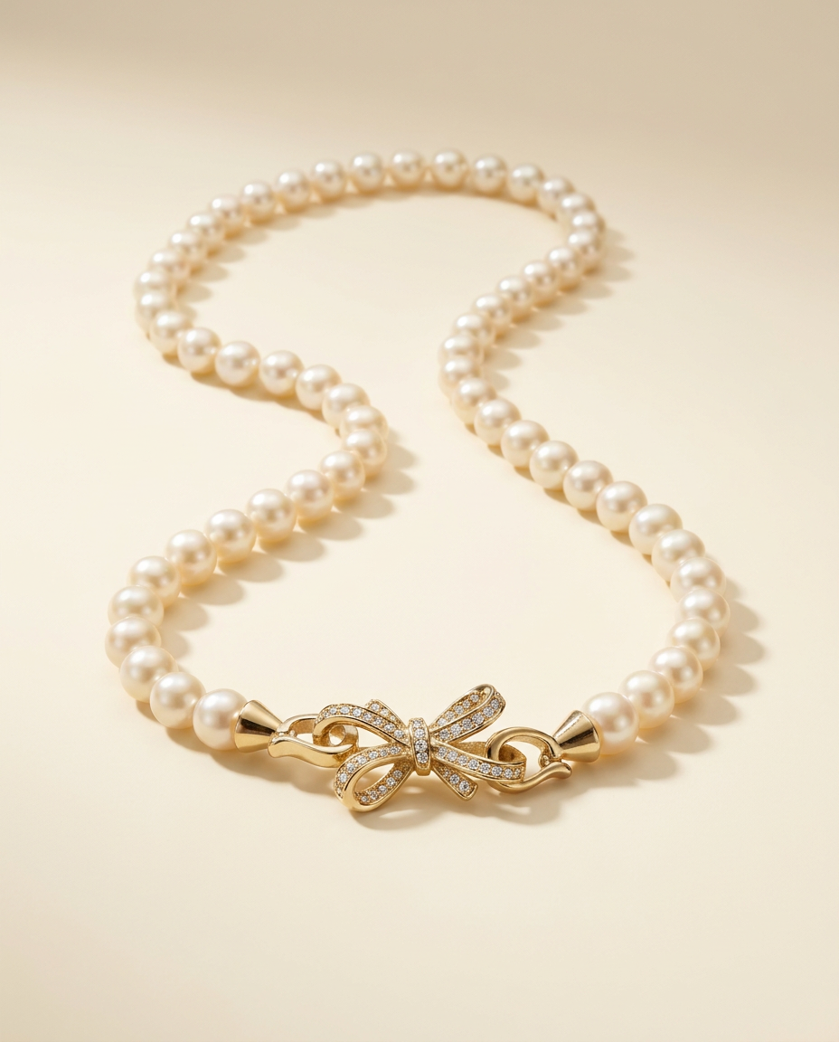 White Hand-knotted AAA Freshwater Pearl Bow Necklace