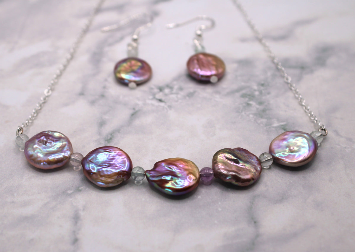 Shimmering Lavender Coin Pearl Necklace Set