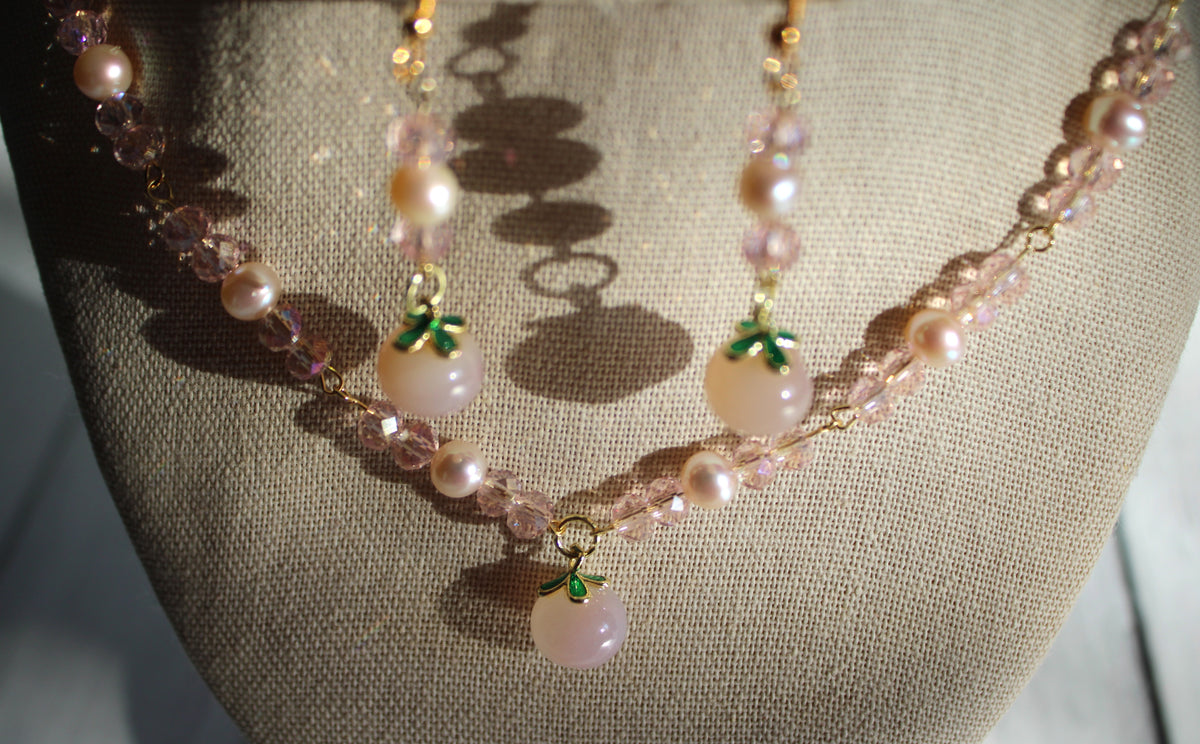 glass peaches, freshwater pearls, pink crystal rondelles, toggle clasp, nedklace and earring set