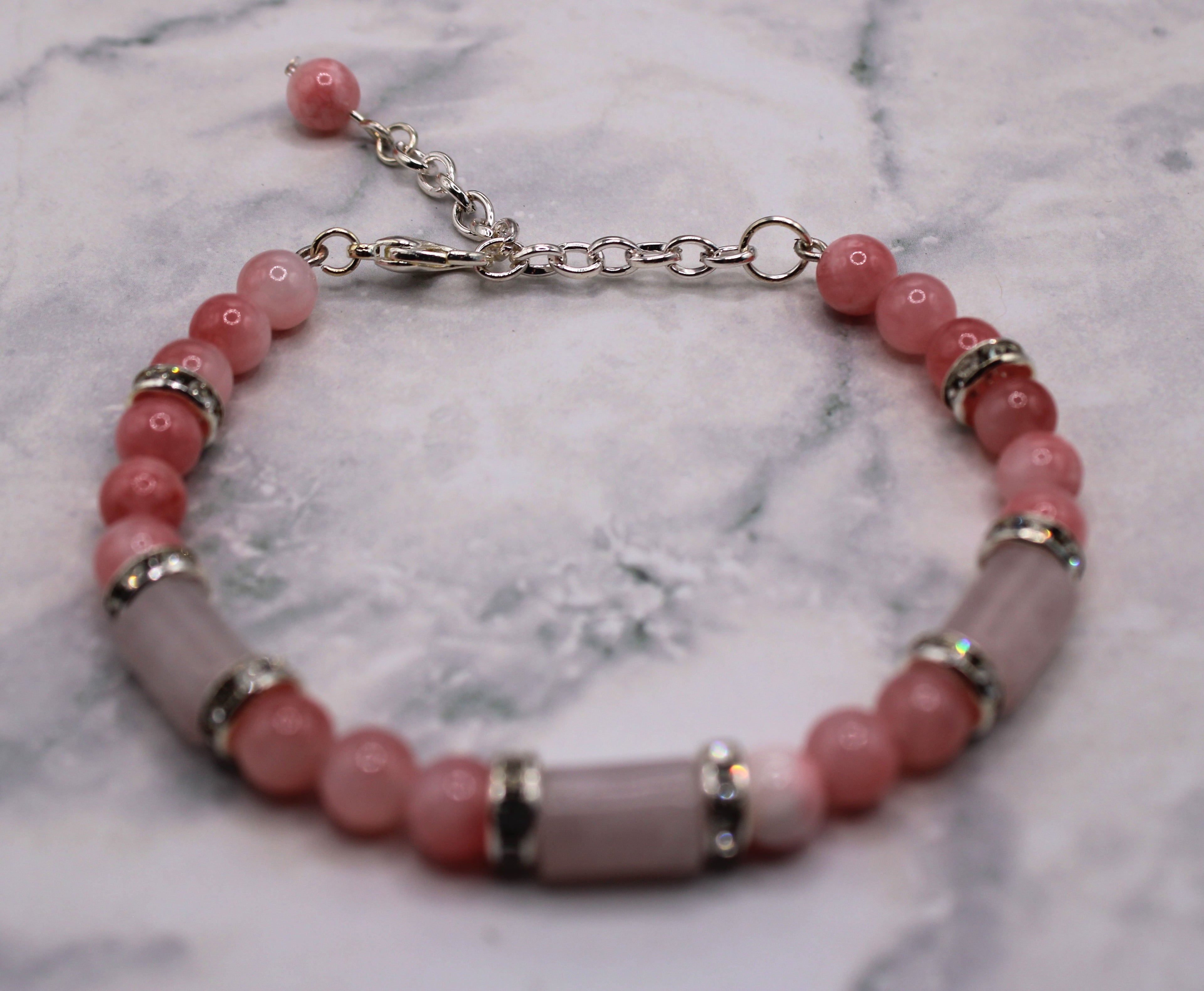 Pink Quartz and Jade Bracelet