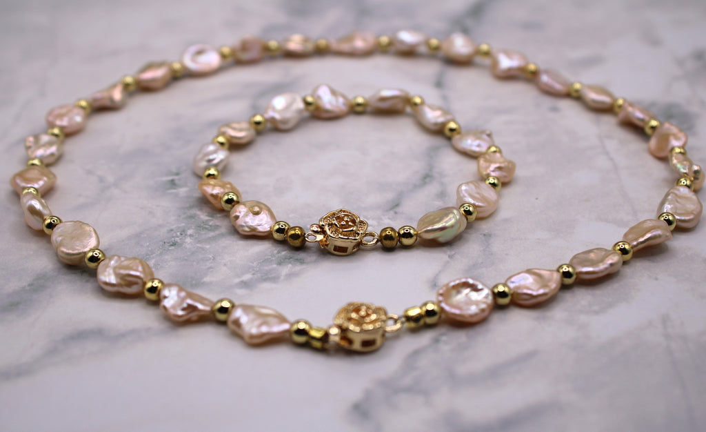 Sunset Keshi Pearl Necklace and Bracelet Set