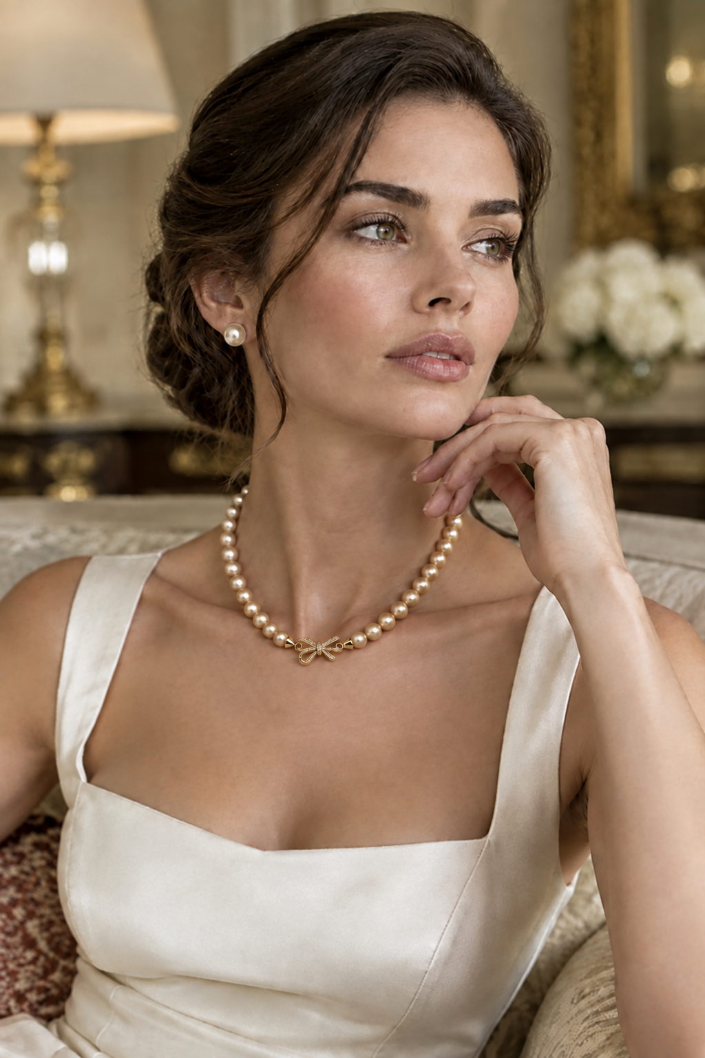 Model with Darker Champagne Pearl Necklace